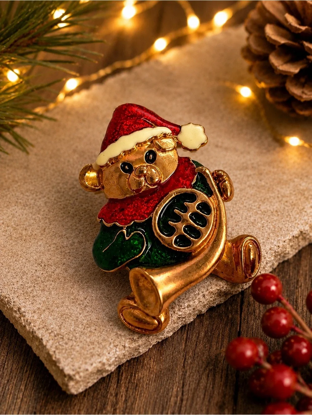 Vintage Christmas Teddy Bear French Horn Brooch Gold Tone Enamel Santa Hat Pin